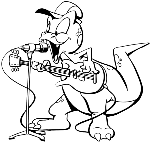 Young dinosaur playing guitar and singing vinyl sticker. Customize on line. Animals Insects Fish 004-0805 vinyl decal customized online